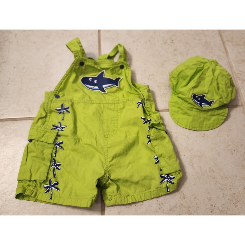 Baby‎ Connection Green Shark Shortalls and Hat Set 6-9 Months Tropical Palm Tree